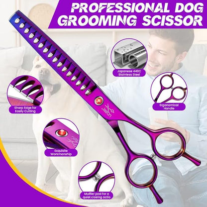 JASON 7.5" Dog Grooming Scissor - Professional Chunker Shear with Ergonomic Handle Japanese Stainless Steel Hair Scissor for Dogs, Cats and Other Pets, Sharp (Chunker, Purple) Christmas Gift