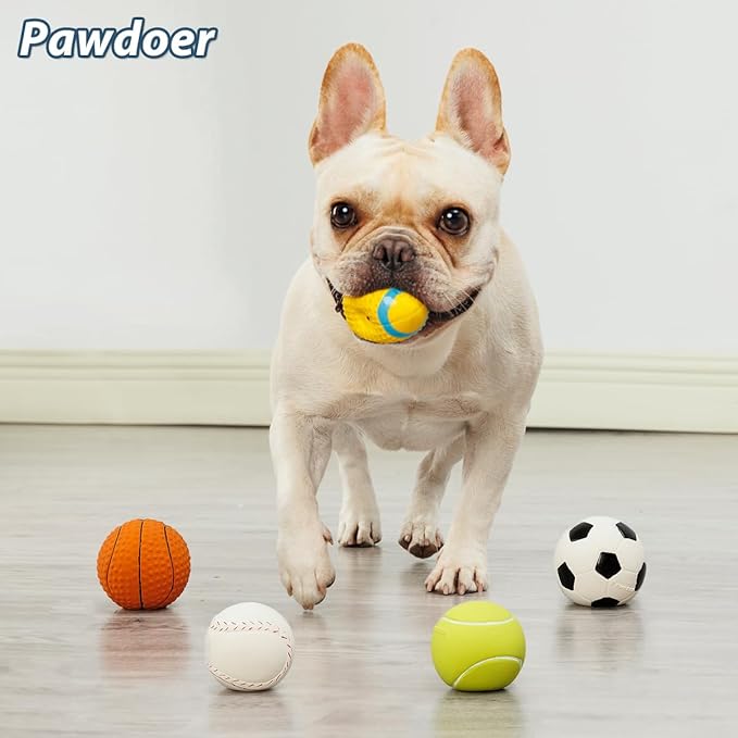Pawdoer Squeaky Dog Ball, Soft Latex Rubber Squeaky Dog Toys for Small Dogs Puppies, Cute Squeak Toys Play Ball - Tennis, Soccer, Football, Basketball and Baseball