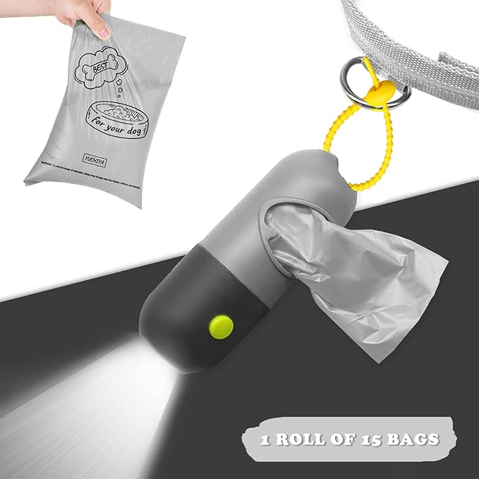 Dog Poop Bag Holder Dispenser with LED Flashlight - Night Visibility for Safe Evening Walks | Upgraded Hands-Free Leash Clip | Includes 15 Dog Waste Bags(Gray)