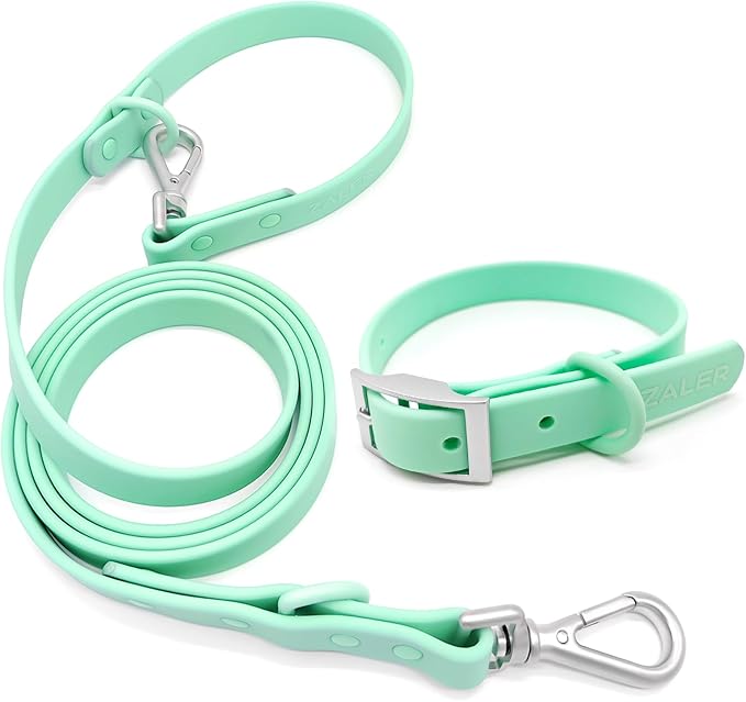 ZALER Dog Collar and Leash Set, Waterproof Adjustable Odor Proof Pet Collars Leashes Easy to Clean, 6FT Dog Leash with 2 Hooks for Large, Medium Small Dogs (S, Mint Green)
