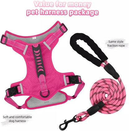 Dog Harness No Pull Adjustable Reflective,for Medium and Large Small Dog with Leash 59.06in (Fuscia, L)