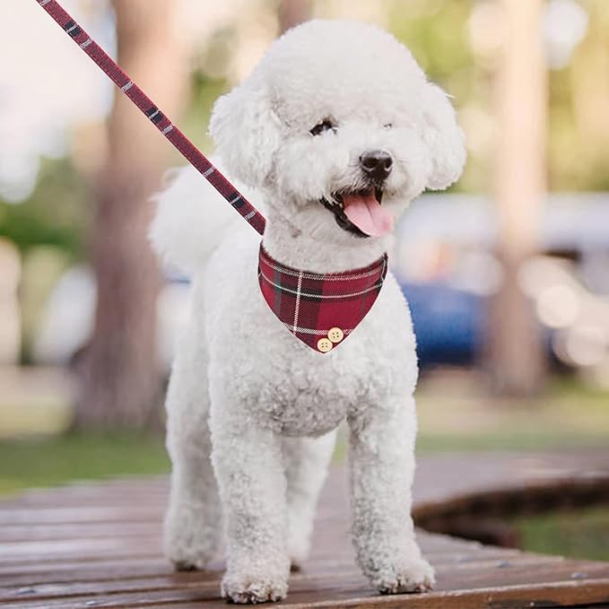 KOOLTAIL Small Dog Collar and Leash Set with Bowtie and Bells - Cute Puppy Bandana Collar and Leash for Female with Classic Plaid Pattern,Soft Leather Tangle Free Leashes for Small Dogs Boys Girls,Red