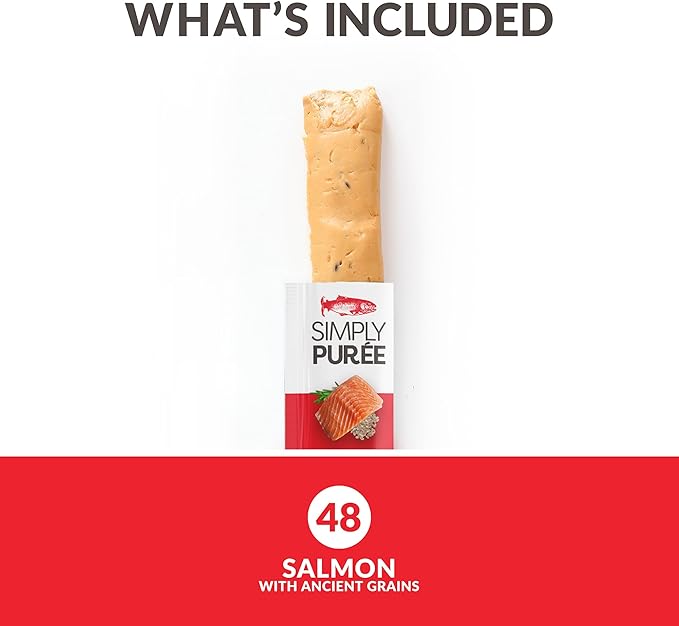 Wild Eats Simply Puree Salmon with Ancient Grains Tub for Cats | 48 Individual Servings | High-Protein, Grain-Enriched Cat Treat | All-Natural, No Artificial Additives | Smooth and Delicious Puree
