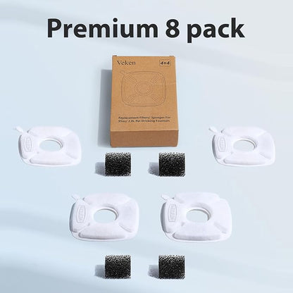Veken Cat Water Fountain Filter, Classic 4 Pack Replacement Filters & 4 Pack Replacement Pre-Filter Sponges for 50oz, 84oz, 95oz or 108oz Automatic Pet Fountain Dog Water Dispenser