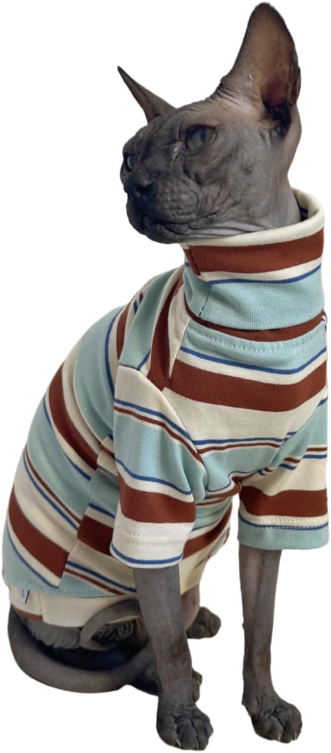 Vintage Stripes Sphynx Hairless Cats Shirt Cotton Cat Turtleneck Pet Clothes Kitten T-Shirts with Sleeves for Sphynx Cornish Rex, Devon Rex, Peterbald (Mint Brown, XX-Large (Pack of 1))