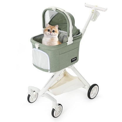 Beberoad Pets TT Lightweight Pet Stroller for Small Dogs & Cats - 4-Way Installation Carrier, One-Hand Fold, 180° Canopy Cover & Adjustable Handle (Green)
