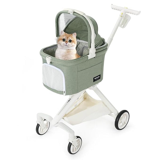 Beberoad Pets TT Lightweight Pet Stroller for Small Dogs & Cats - 4-Way Installation Carrier, One-Hand Fold, 180° Canopy Cover & Adjustable Handle (Green)