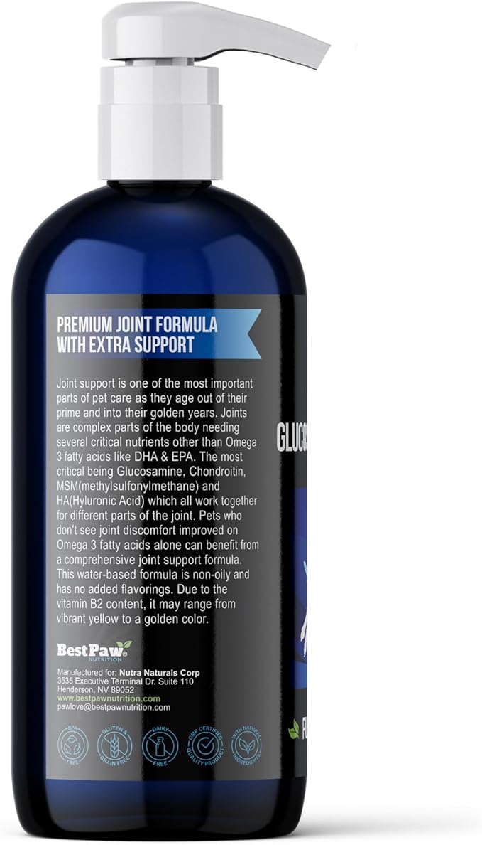 Best Paw Nutrition - Unflavored Liquid Glucosamine for Dogs & Cats - Chondroitin, MSM, Hyaluronic Acid - Dog Arthritis Home Remedy - Joint Supplement for Hip & Joint Pain Relief Pets Love - 16oz