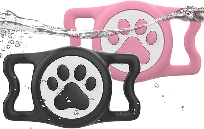 WhoseID IP68 Waterpoof Dog Airtag Holder, Stretchy Silicone Full Body Covered Apple Air Tag Holder for Dog Cat Collar Fit All Width Collar (Black/Pink, 2 Pack)