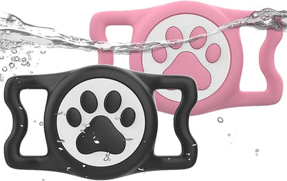 WhoseID IP68 Waterpoof Dog Airtag Holder, Stretchy Silicone Full Body Covered Apple Air Tag Holder for Dog Cat Collar Fit All Width Collar (Black/Pink, 2 Pack)