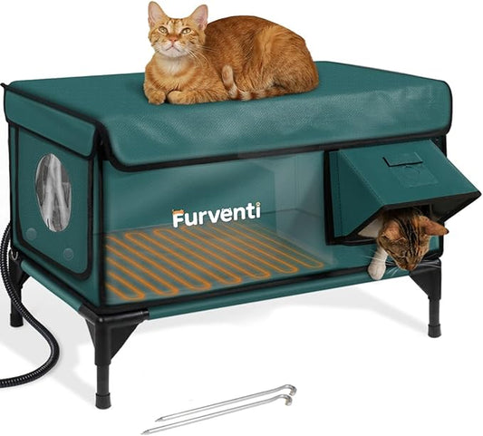 Outdoor Heated Cat House in Winter,Extremely Insulated & Weatherproof,Elevated Feral Cat Shelter with Waterproof Eaves & Escape Door for Outside Stray Barn Cat (Dark Green,M.)