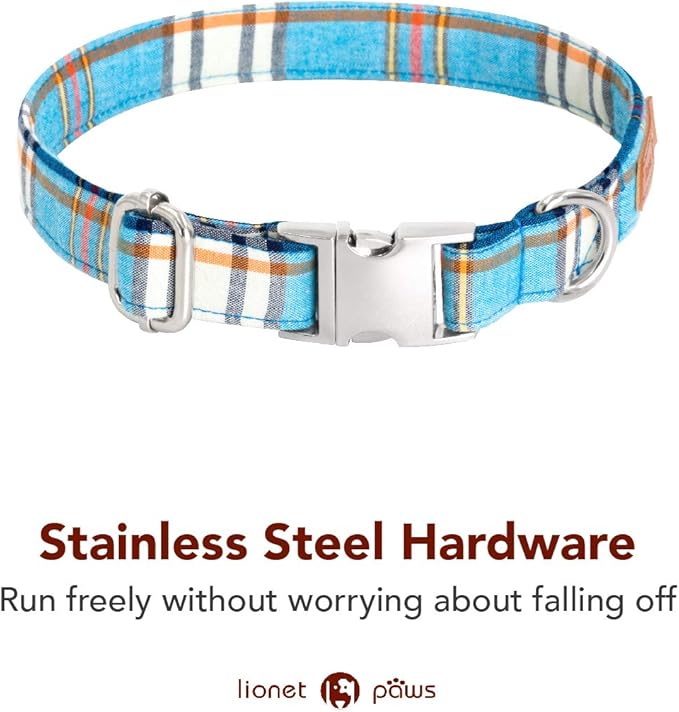 Lionet Paws Boy Dog Collar with Bowtie, Comfortable Adjustable Cute Blue Plaid Bow Tie Collar for Male Puppies and Cats Gift, XS, Neck 8-12 inches