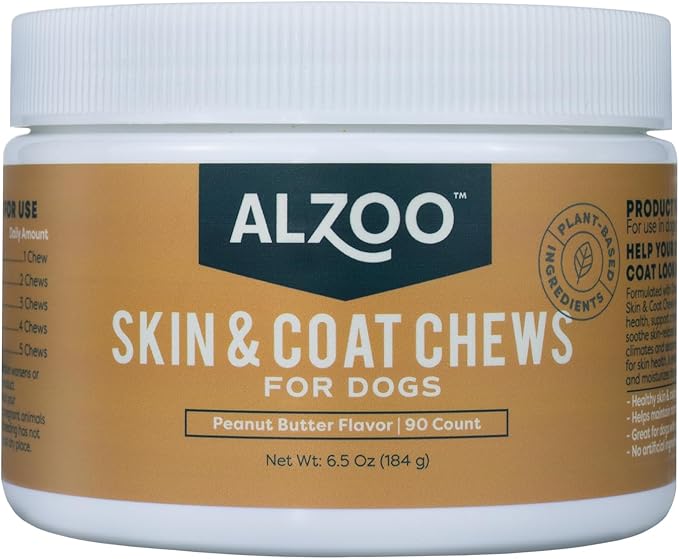 ALZOO Skin & Coat Chews for Dogs, 100% Plant-Based Active Ingredients, Peanut Butter Flavor, 90 Count