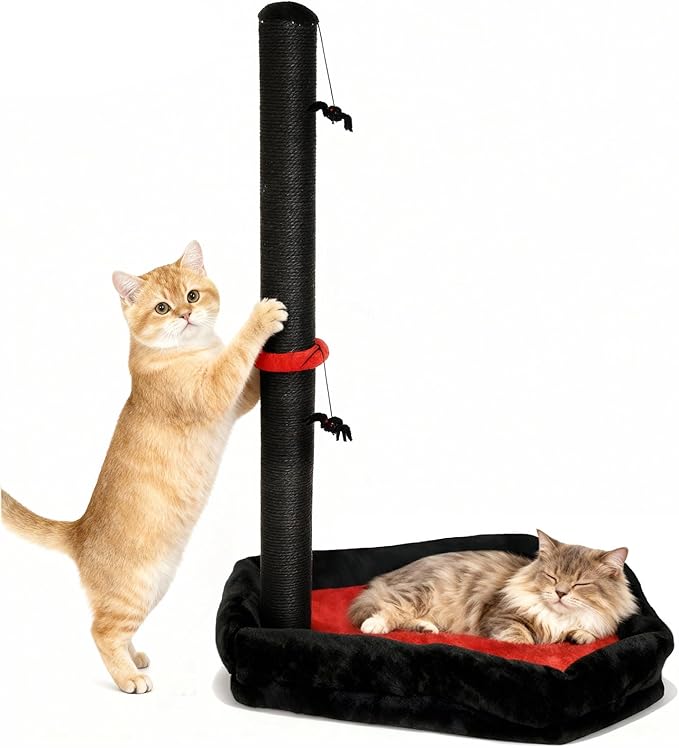 VIEFIN Gothic Cat Scratching Post with Bed, 34" Tall Cat Scratcher for Indoor Cats - Modern Sisal Scratch Post with Spider Dangling Toys for Kittens and Adult Cats