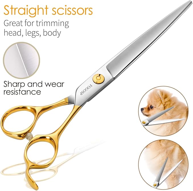 Professional 7.5" Dog Grooming Scissors Kit 4pcs, JP 440C Stainless Steel Curved Blender Straight Chunker Shears for Dog Cat and Pets (7.5 in Kit, Gold)