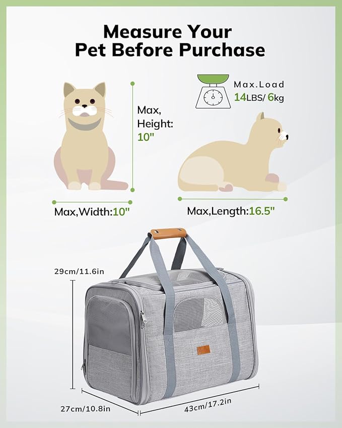 Morpilot Portable Cat Carrier - Soft Sided Cat Carrier for Medium Cats and Puppy up to 15lbs, Pet Carrier with Locking Safety Zippers, Foldable Bowl, Airline Approved Travel Dog Carrier - Light Gray