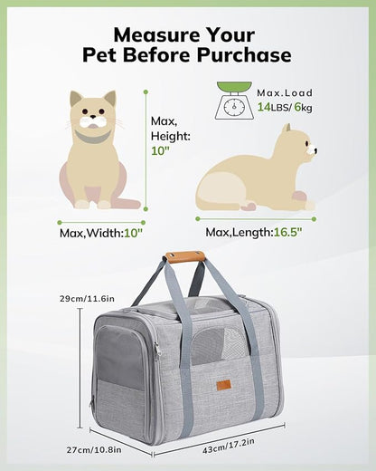 Morpilot Portable Cat Carrier - Soft Sided Cat Carrier for Medium Cats and Puppy up to 15lbs, Pet Carrier with Locking Safety Zippers, Foldable Bowl, Airline Approved Travel Dog Carrier - Light Gray