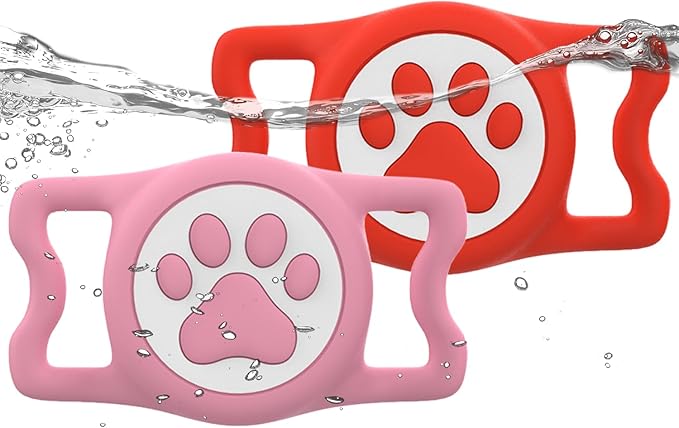 WhoseID IP68 Waterpoof Dog Airtag Holder, Stretchy Silicone Full Body Covered Apple Air Tag Holder for Dog Cat Collar Fit All Width Collar (Pink/Red, 2 Pack)