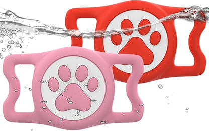 WhoseID IP68 Waterpoof Dog Airtag Holder, Stretchy Silicone Full Body Covered Apple Air Tag Holder for Dog Cat Collar Fit All Width Collar (Pink/Red, 2 Pack)