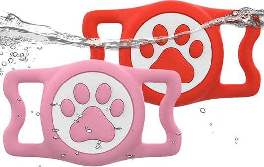 WhoseID IP68 Waterpoof Dog Airtag Holder, Stretchy Silicone Full Body Covered Apple Air Tag Holder for Dog Cat Collar Fit All Width Collar (Pink/Red, 2 Pack)