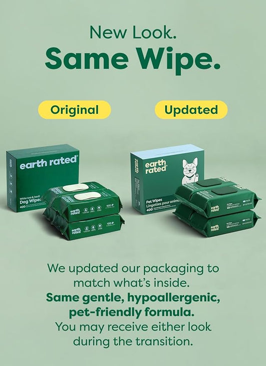 Earth Rated Pet Wipes for Dogs and Cats, Hypoallergenic, 3-in-1 Cleaning, Deodorizing and Hydrating, for Grooming Paws, Body and Butt, New White Tea and Basil Scent, 400 Count