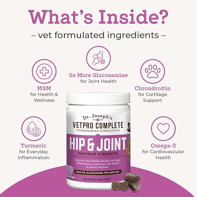 Dr. Joseph's VetPro Complete Dog Hip & Joint Supplement for Arthritis Pain Relief – High-Strength Glucosamine & Chondroitin Chews for Senior Dogs – Vet Formulated Daily Treats, Chicken Flavor, 60 Ct