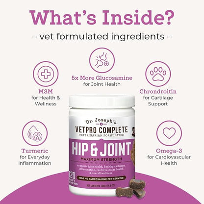 Dr. Joseph's VetPro Complete Dog Hip & Joint Supplement for Arthritis Pain Relief – High-Strength Glucosamine & Chondroitin Chews for Senior Dogs – Vet Formulated Daily Treats, Chicken Flavor, 60 Ct