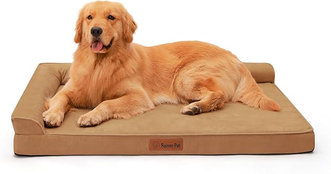 Rainmr Orthopedic Dog Bed for Large Dogs, 44"x32"x6" Memory Foam Pet Bed with Washable Microsuede Cover, TPU Waterproof Liner & Nonskid Bottom, for Indoor, Outdoor, Crate ＆ Car Use, Khaki