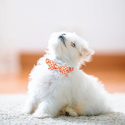 Fall Dog Collar with Bow Tie, Orange Plaid Bowtie Dog Collar, Autumn Bowtie Collars for Puppy Boy Girl Dogs, Comfortable Cotton Dogs Collars with Metal Buckle