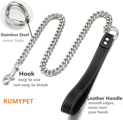 Silver Chain Dog Leash 15MM Solid Chew Proof 316L Stainless Steel Cuban Link Chain with Genuine Leather Handle Training Walking 3FT/4FT/5FT for Small Medium Large Dogs(15mm,4ft)…