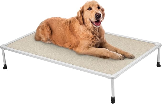 Veehoo Chewproof Elevated Dog Bed - Cooling Raised Pet Cot, Breathable Mesh, Washable & Non-Slip for large Dogs, Indoor/Outdoor, Beige Coffee Mat and Silver Metal Frame, 42x30inches (Model CWC2203B03)