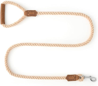 Mile High Life Dog Leash, Braided Cotton Rope Leashes with Leather Handle - Heavy Duty Metal Clasp, 5FT, 1/2" Thick - Wedding, Walking & Training Leash for Small Medium Large Dogs (Light Brown)