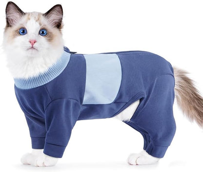 QBLEEV Cat Clothes, Soft Cat Sweaters for Cats Only, Kitten Surgery Recovery Suit Onesie Pajamas, Four Legs Cats Shirts Apparel Clothing for Hair Loss Prevention, Blue, 2XL