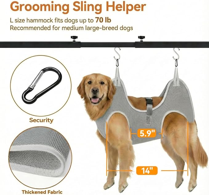 Dog Grooming Arm for Table, L Size, Adjustable 42" Height & 35"–44" Width, H-Shape Stable Grooming Stand, Clamp Fits up to 2.76", with Hammock & 2 Nooses for Home Grooming & Nail Trimming