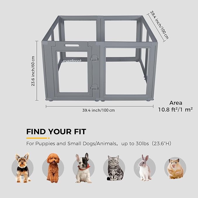 Everfront Clear Dog Play Pen - Easy Assemble Durable Plastic Acrylic Dog Playpen - Dog Playpen Indoor, Puppy Playpen, Cat Playpen, Small Animal Playpen, Dog Play Pen Indoors (Grey, 23.6" H, 8PCS)