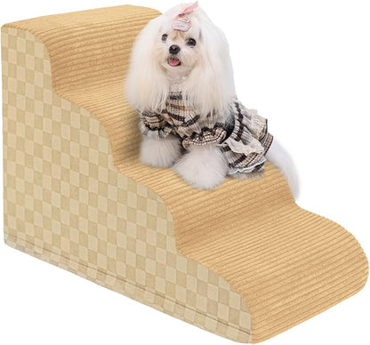 Dog Stairs Curved Ramp for Small Dogs 19.5" H, 4-Step Pet Stairs for Couch Bed with High Density Foam, Dog Slope Stairs with Durable Non-Slip Bottom Khaki