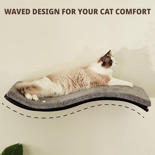 LIORCE Cat Shelf with Comfortable Cushion - Wave Modern Cat Bed - Minimalistic Floating Wall Perch - Wooden Wall Mounted Cats Furniture for Sleeping, Playing, Climbing, and Lounging, Walnut