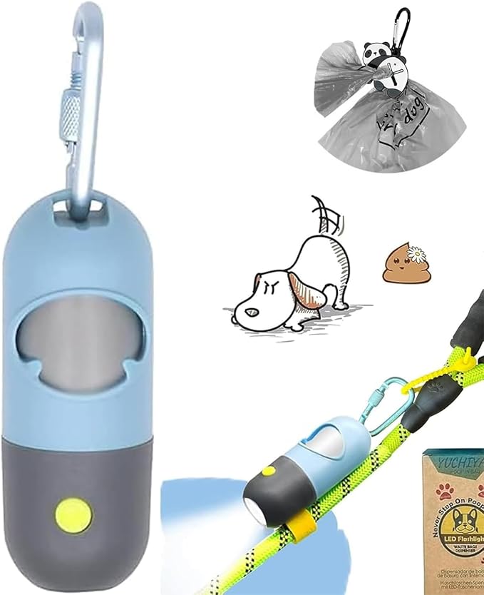Dog Poop Bag Holder Dispenser with LED Flashlight - Night Visibility for Safe Evening Walks | Upgraded Hands-Free Leash Clip | Includes 15 Dog Waste Bags(Blue)
