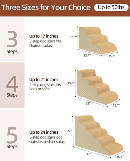 Dog Stairs Curved Ramp for Small Dogs 19.5" H, 4-Step Pet Stairs for Couch Bed with High Density Foam, Dog Slope Stairs with Durable Non-Slip Bottom Khaki