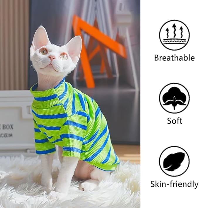 Snixfever Striped Waffle Knit Shirt for Sphynx Cat, 2-Leg Long Sleeve Lightweight Outfit for Hairless Cats, Soft All-Season Pet Clothes (Green, Small (2.5-3.5lbs))
