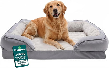 Furhaven Orthopedic Dog Bed for Large Dogs w/ Removable Bolsters & Washable Cover, For Dogs Up to 95 lbs - Plush & Velvet Waves Perfect Comfort Sofa - Granite Gray, Jumbo/XL
