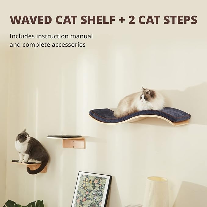 LIORCE Cat Wall Shelf with Two Steps - Wave Cat Shelves and Perches for Wall - Wall Mounted Cats Furniture for Sleeping, Playing, Climbing, and Lounging