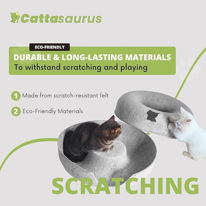 Cattasaurus Peekaboo Cat Cave Donut for Multiple & Large Cats up to 30-45 lbs, 3-in-1 Self Warming Cat Bed, Tunnel & Scratcher for Indoor Cats, Washable & Detachable (Light Gray + Light Gray, Large)