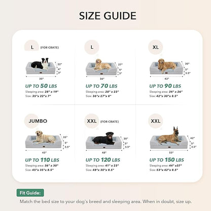 Casa Paw Orthopedic Dog Beds for Extra Large Sized Dogs, Waterproof Memory Foam XL Pet Bed with Sides 48x30Inch, Non-Slip and Egg-Crate Foam Big Dog Couch Bed with Removable Washable Cover, Light Grey