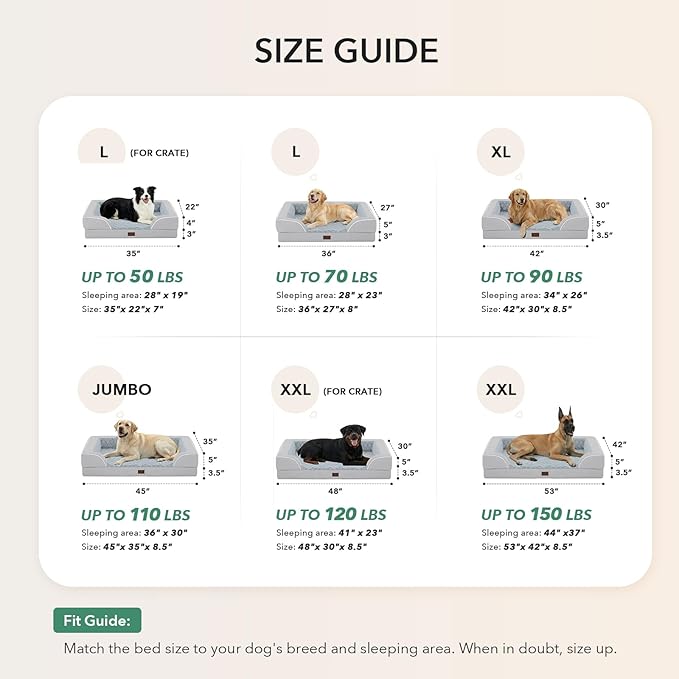 Casa Paw Orthopedic Dog Beds for Extra Large Sized Dogs, Waterproof Memory Foam XL Pet Bed with Sides 42x30Inch, Non-Slip and Egg-Crate Foam Big Dog Couch Bed with Removable Washable Cover, Light Grey