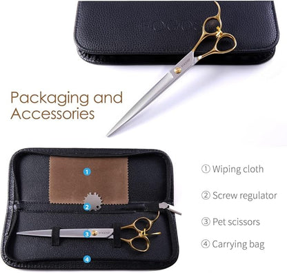 Professional Dog Grooming Scissors Straight 7.5" Pet Grooming Shears for Cutting Small Dogs Cat Thick Hair Japan 440C Stainless Steel Right Handed(7.5in Straight, Gold)