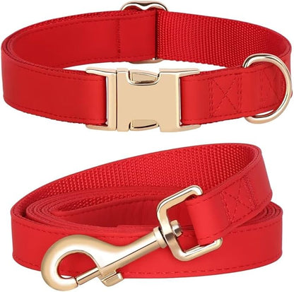 PET ARTIST Soft PU Leather Dog Collar and Leash Set, Bright & Stylish 5FT PU Leather Leash and Collar Set, Durable Pet Collars with Quick Release Metal Buckle for Medium Dogs,Red,M(13-19")