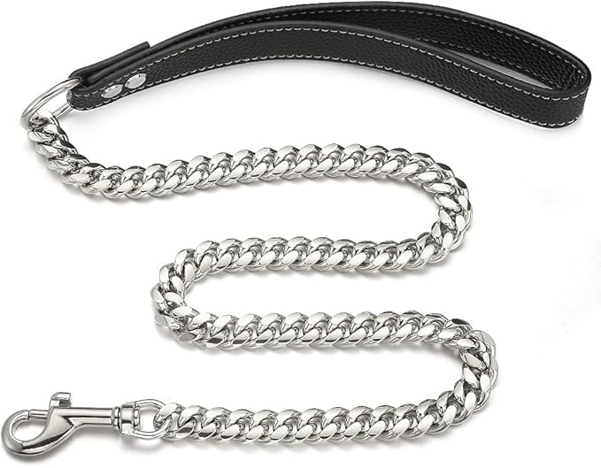 3FT/4FT/5FT Heavy Duty Silver Dog Chain Leash 14MM Stainless Steel Miami Cuban Link Chain with Durable Genuine Leather Handle for Training Walking(14mm,5ft)…