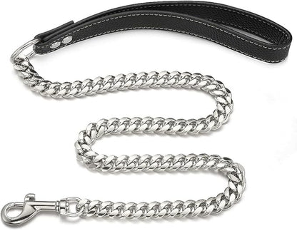 3FT/4FT/5FT Heavy Duty Silver Dog Chain Leash 14MM Stainless Steel Miami Cuban Link Chain with Durable Genuine Leather Handle for Training Walking(14mm,5ft)…