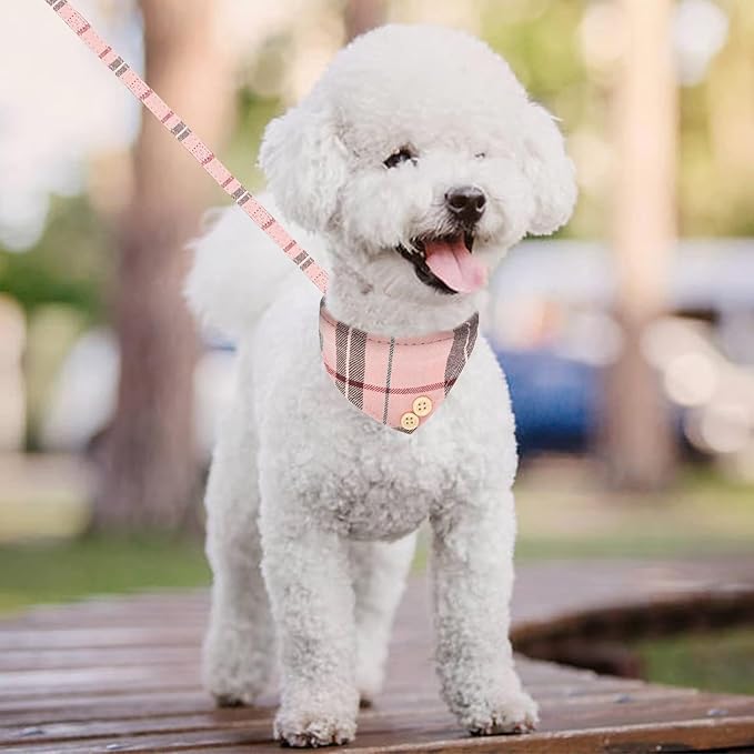 KOOLTAIL Pink Girl Dog Collar and Leash Set for Small Dogs with Bowtie and Bells - Cute Puppy Bandana Collar and Leash with Classic Plaid Pattern, Soft Leather Tangle Free Leashes for Small Dogs, XS